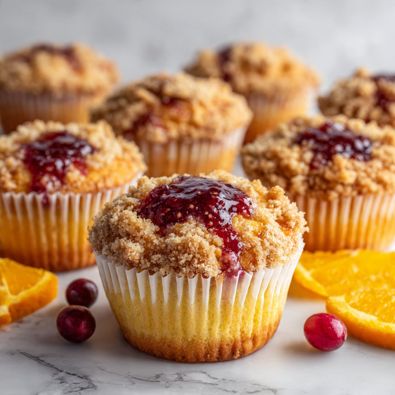 The image shows eight muffins on a white marbled surface, each wrapped in white parchment paper. Each muffin has a golden-brown crumbly top layer with a ring of crumb topping and a glossy, dark red jam filling in the center. The muffin base is a soft yellow color and slightly textured. Around the muffins, there are bright orange slices and a few whole red cranberries for decoration. The scene is bright and clean with a fresh look. photo taken with an iphone --ar 4:5 --v 7
