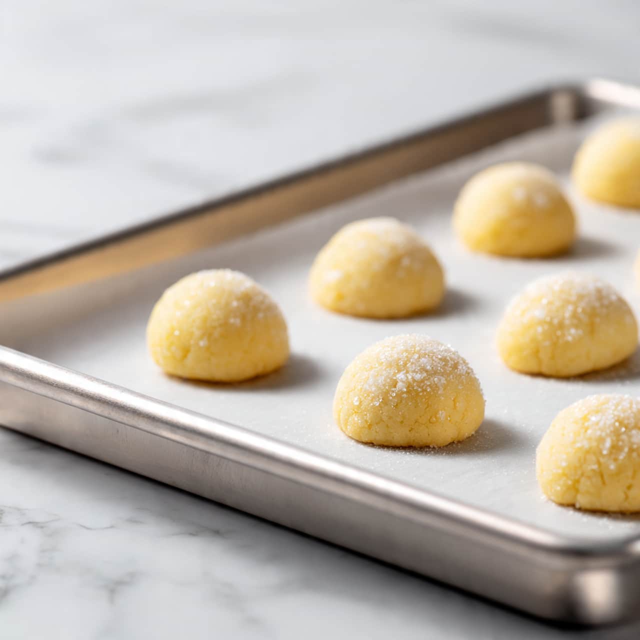 A silver baking tray lined with white parchment paper on a white marbled surface holds six cookies, with three unbaked cookies on the left side and three baked cookies on the right side. The unbaked cookies are small, round, smooth, and light yellow with a fine layer of sugar on top. The baked cookies are larger, light yellow, round, and have a cracked texture on their surface. Photo taken with an iphone --ar 4:5 --v 7