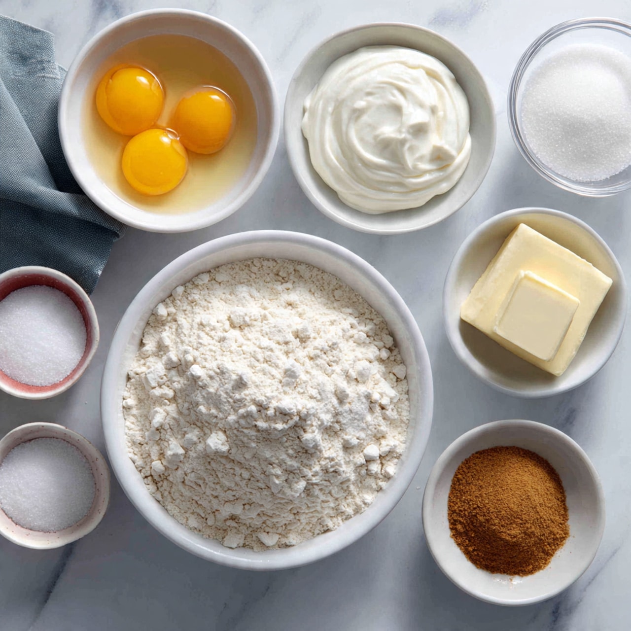 The image shows several white bowls and a small clear glass bowl placed on a white marbled surface. In the center, there is a large white bowl filled with a heap of white flour with a slightly crumbly texture. Above it to the left, a white bowl contains two bright yellow egg yolks mixed with clear egg whites. To the right, a white bowl holds thick white cream with a smooth texture. Next to that is a white bowl filled with granulated white sugar. Below, two small white bowls hold fine white powder, one likely baking soda or powder, and the other some brown spice, possibly cinnamon. Another small clear glass bowl contains a pale yellow cube of butter. The bowls are neatly arranged in an oval shape with a soft gray cloth partially visible to the left side. The overall mood is clean and ready for baking preparation. photo taken with an iphone --ar 4:5 --v 7