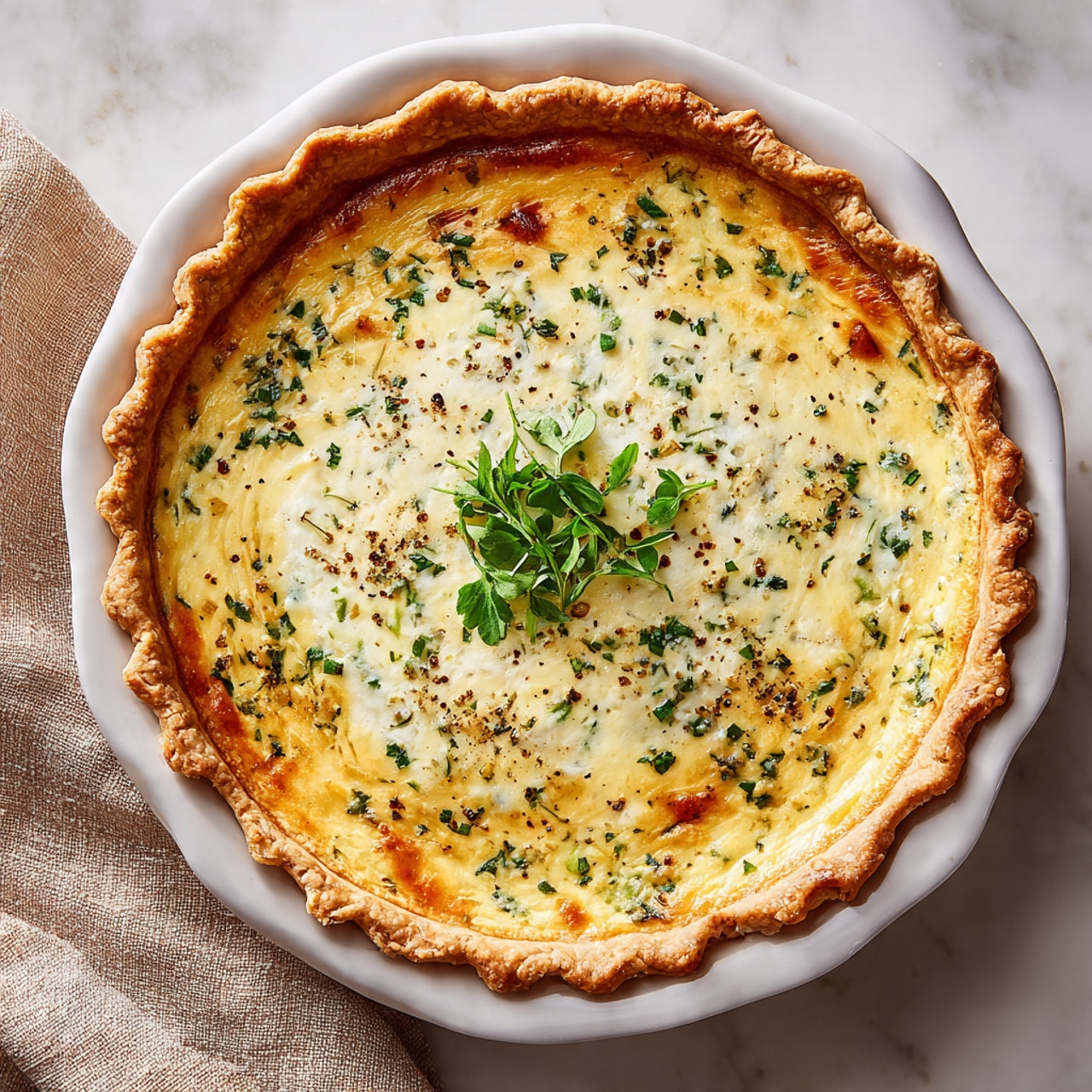 A slice of savory quiche sits on a white plate with delicate embossed edges, showing a golden-brown crust that is thick and crisp on the outside edge. The quiche filling is creamy light yellow with mixed specks of darker orange from cooked vegetables and sprinkled finely ground seasoning. Fresh green sprouts are scattered on top and around the slice, adding a touch of color and freshness. A silver fork with ornate detailing rests beside the slice on the plate, all set against a white marbled surface. The background includes a slightly blurred white quiche dish holding the rest of the pie. Photo taken with an iphone --ar 4:5 --v 7