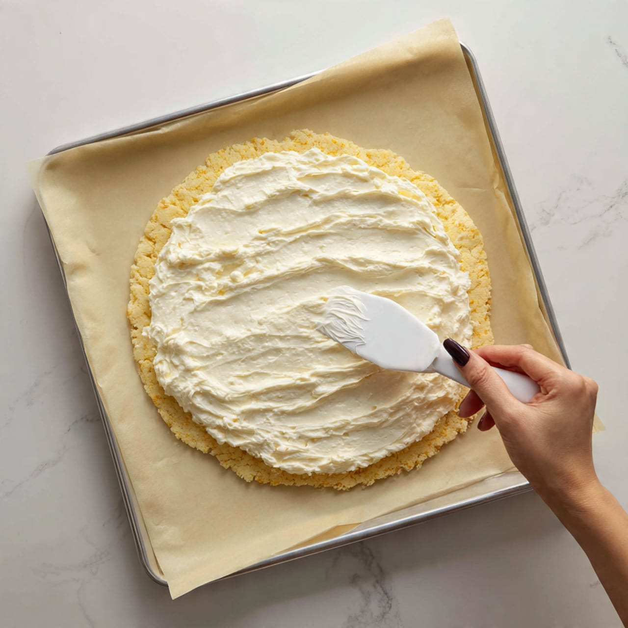 A large, thin, uneven round dough layer is placed flat on a parchment-lined baking tray with a light beige color dotted with some lighter spots. On top of the dough, there is a thick, creamy white layer of smooth batter being spread evenly with a white spatula held by a woman's hand with dark painted nails. The scene is set on a white marbled surface. photo taken with an iphone --ar 4:5 --v 7