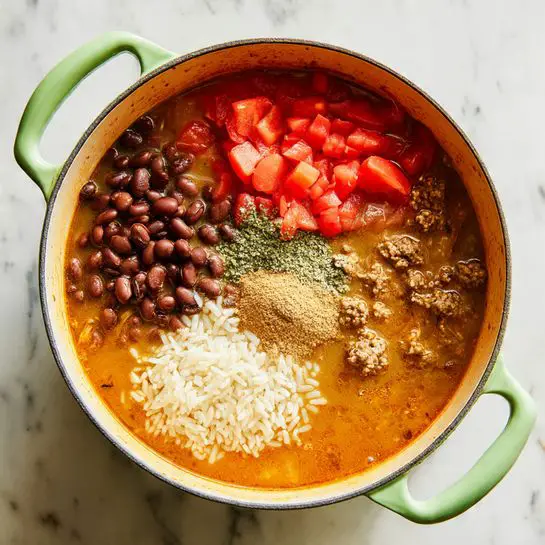 A large round pot with light green handles sits on a white marbled surface, filled with a soup base divided into four main layers. On the left, there is a pile of shiny dark brown beans, next to it toward the top center are bright red tomato pieces with soft textures. Below the tomatoes, near the bottom center, is a small mound of uncooked white rice grains. On the right side, a mix of cooked ground meat in a brownish liquid occupies the space, topped with a small heap of light brown powdered seasoning. The soup liquid has an oily shine and a warm orange-brown color. Photo taken with an iphone --ar 4:5 --v 7