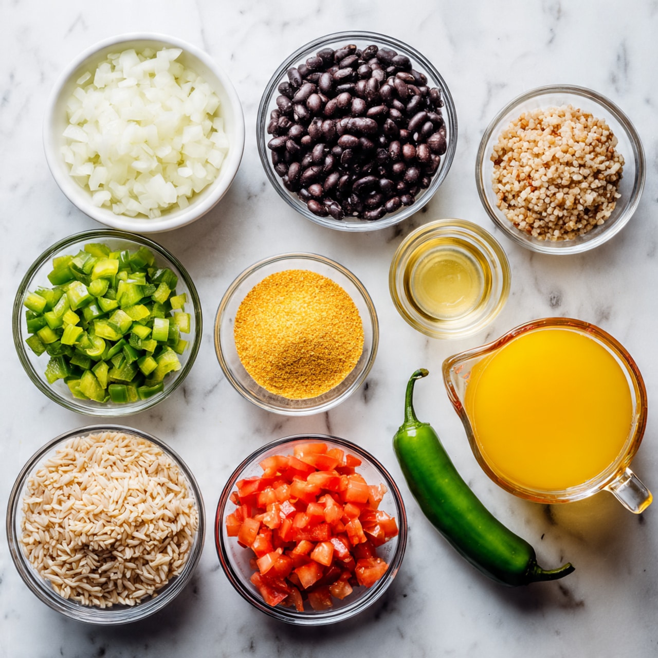 The image shows eight small white bowls and one clear glass measuring cup on a white marbled surface, each filled with different ingredients. From the top left, there is a bowl of chopped white onions, a bowl of black beans, a bowl of brown rice, a small bowl of yellowish spice powder, a bowl of green chopped bell pepper, a small bowl of minced garlic, a bowl of red diced tomatoes, a small glass of light yellow oil, and a glass measuring cup filled with golden yellow broth. A whole green chili pepper lies between the small bowls near the right side. The bowls are neatly arranged with clear visibility of textures and colors, all set on the white marbled background. Photo taken with an iphone --ar 4:5 --v 7