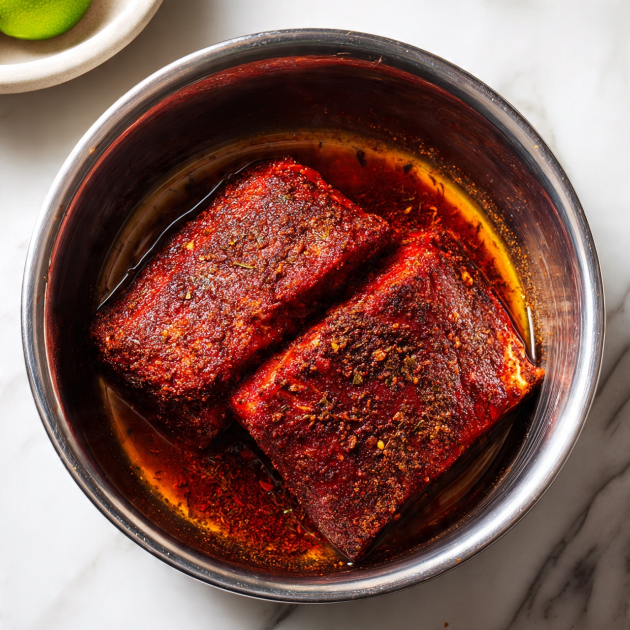 A wooden cutting board holds a single layer of sliced steak arranged side by side, showing a mix of browned grilled edges and pink interior layers with visible texture and marbling. The steak slices vary in width and thickness, displaying a fresh cooked look. Behind the board, slightly out of focus, is a green bowl with two whole green limes on a white marbled surface. The lighting highlights the juicy, tender appearance of the meat. photo taken with an iphone --ar 4:5 --v 7