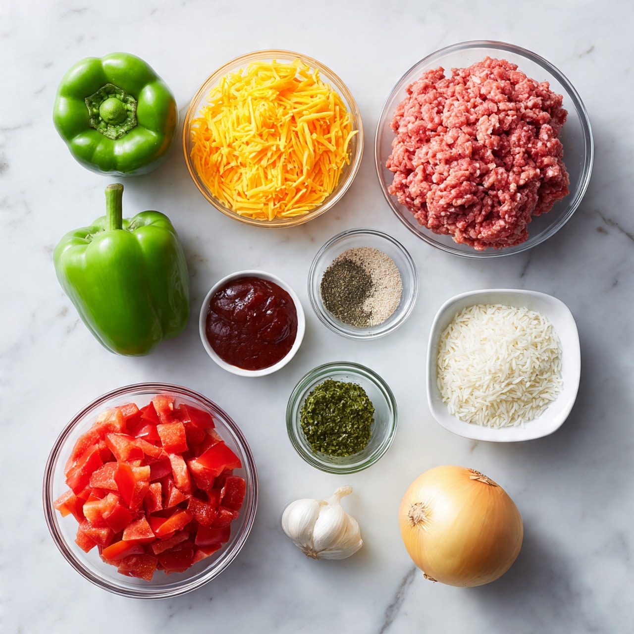 Inside a white pan on a white marbled surface, there is a layered mix of ingredients. The bottom layer is green bell pepper pieces, scattered evenly around the pan. Mixed with the green peppers is browned ground meat with a crumbly texture. Over this, there is a layer of raw white rice, sprinkled in patches on top of the peppers and meat. The topmost layer consists of chunky red diced tomatoes in a red sauce, centered in the pan. The colors show bright green, brown, white, and red, with some juice pooling around the tomatoes and meat. photo taken with an iphone --ar 4:5 --v 7
