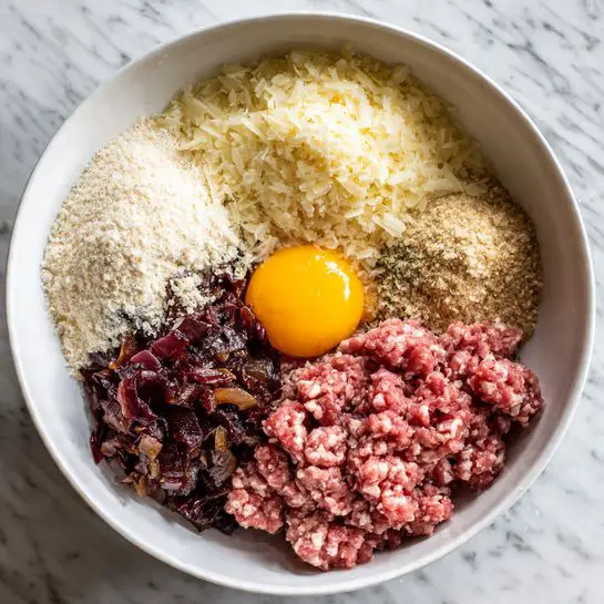 Inside a large white bowl, several ingredients are placed separately in a circle. On the right side, there is a layer of raw ground meat with a pinkish-red color and a soft texture. Next to it on the bottom right sits a pile of cooked, chopped onions, dark brown and caramelized with a slightly shiny surface. Above the onions, in the top center, a raw egg yolk sits smooth and bright yellow. To the left of the egg yolk is a pile of finely grated pale yellow cheese. Below the cheese and to the left, there are two more piles of dried ingredients - one light beige with fine crumbs, and the other a light brown with small dried flakes mixed in. The bowl is set on a white marbled surface. Photo taken with an iphone --ar 4:5 --v 7