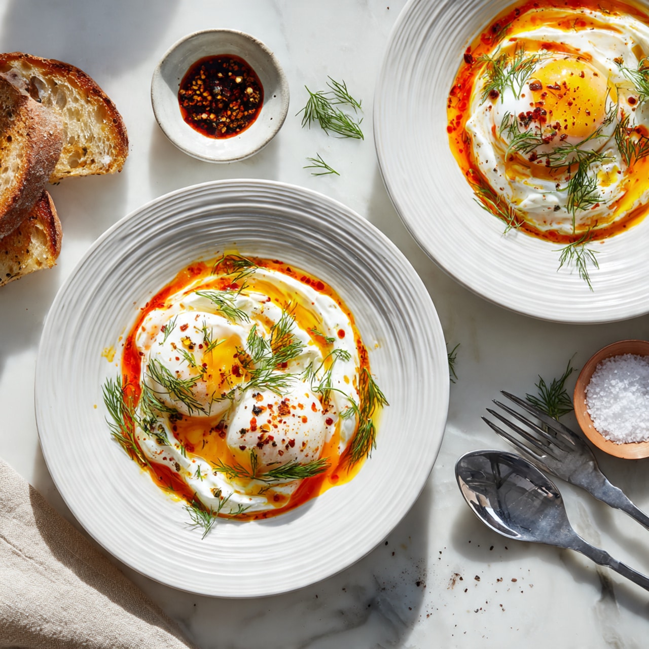 Two white plates with ridged edges each hold a dish featuring a base layer of creamy white yogurt, swirled in a circular pattern. On top of the yogurt are two soft white poached eggs per plate, sprinkled with red chili flakes and drizzled with bright orange-red chili oil. Fresh green dill sprigs are scattered on and around the eggs, adding freshness. Nearby, there are slices of rustic bread with a golden crust, a small jar filled with the chili oil and a silver spoon resting inside, a light wooden bowl of coarse salt, and two silver forks. The whole setup is arranged on a white marbled surface. photo taken with an iphone --ar 4:5 --v 7