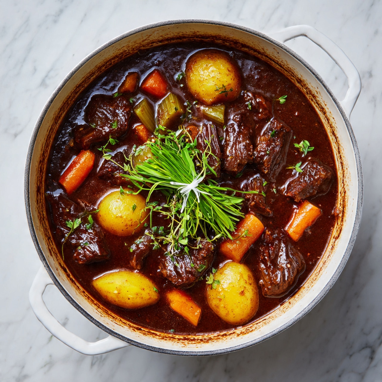 The image shows a white round pot filled with a thick brown stew with visible chunks of tender dark brown meat, large pieces of yellow potato, orange carrot slices, green peas, and celery pieces mixed evenly throughout the stew. On top, there is a small bundle of fresh green herbs tied together with white string, lightly resting in the center. The edges of the pot have some stew stains, and the pot sits on a white marbled surface. photo taken with an iphone --ar 4:5 --v 7