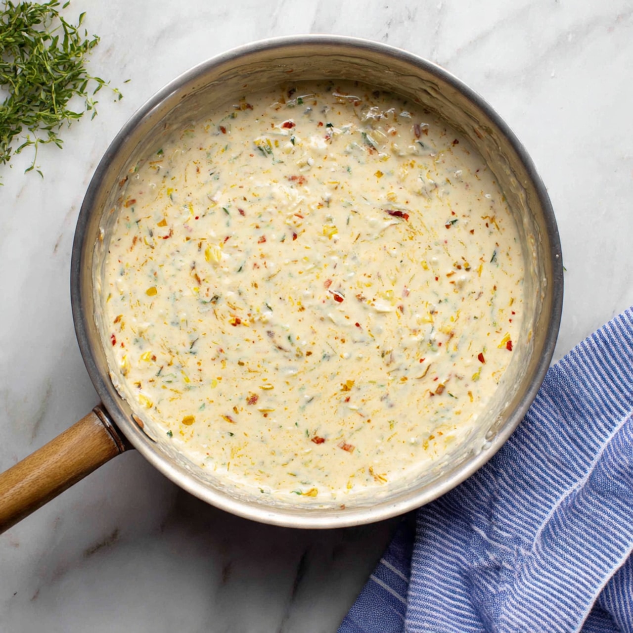 A silver pan filled with a creamy white sauce mixed with small yellow and red bits spread evenly throughout, giving it a textured appearance. The pan is placed on a white marbled surface with a small green herb on the left side and a blue and white striped cloth on the right. The sauce looks smooth and thick, filling most of the pan’s surface. photo taken with an iphone --ar 4:5 --v 7
