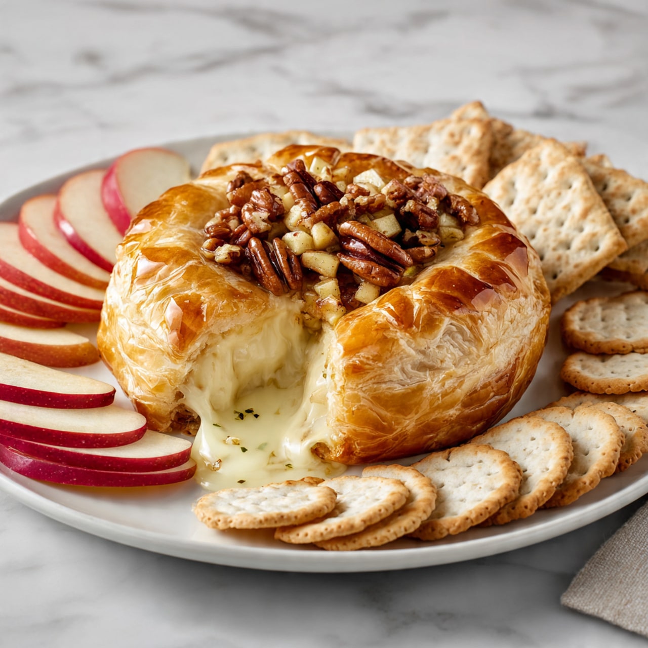 A golden-brown pastry with a glossy, shiny crust sits in the center, partly open to show soft, melted white cheese oozing out. On top, there is a small pile of light yellow softened apple chunks and dark brown pecan halves. Around the pastry, slices of apple with red skin are arranged on the white marbled surface. In the background, slices of toasted bread with a light brown color are stacked, and some round pale crackers are placed nearby on the right. The photo taken with an iphone --ar 4:5 --v 7