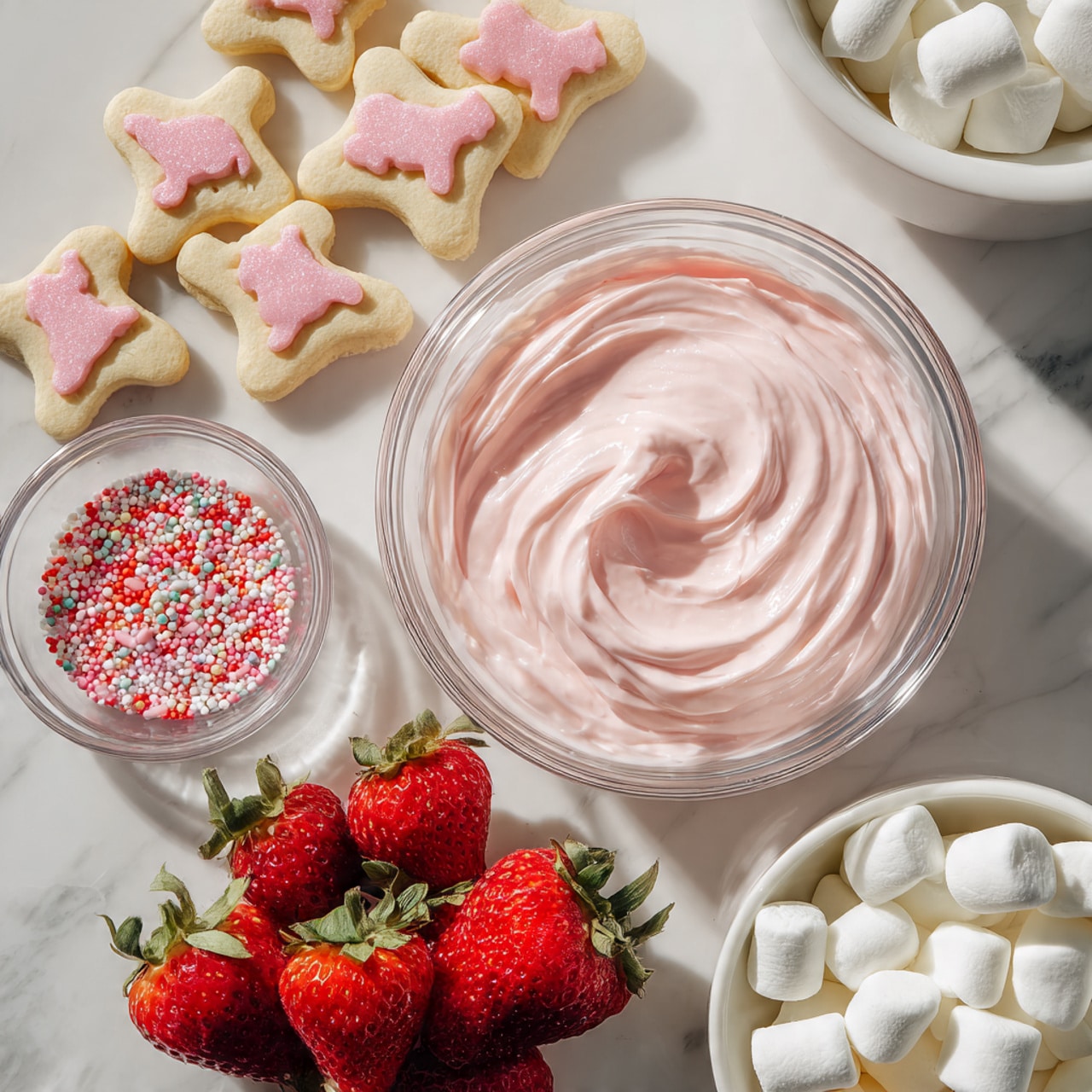 The image shows a round chocolate cake on a white marbled surface decorated with a wide layer of small white marshmallows arranged in a heart shape in the center. Inside the marshmallow heart, there are fresh red strawberries clustered together. Surrounding the marshmallow heart is pink piped frosting forming a border with white sprinkles. Outside this border, there is a layer of pink and white animal-shaped cookies with colorful sprinkles, arranged in a circular pattern. Larger fresh strawberries decorate the outer edge of the cake, creating a bright red contrast against the brown chocolate cake base. Scattered mini marshmallows and red ribbon are around the cake on the white marbled surface. photo taken with an iphone --ar 4:5 --v 7