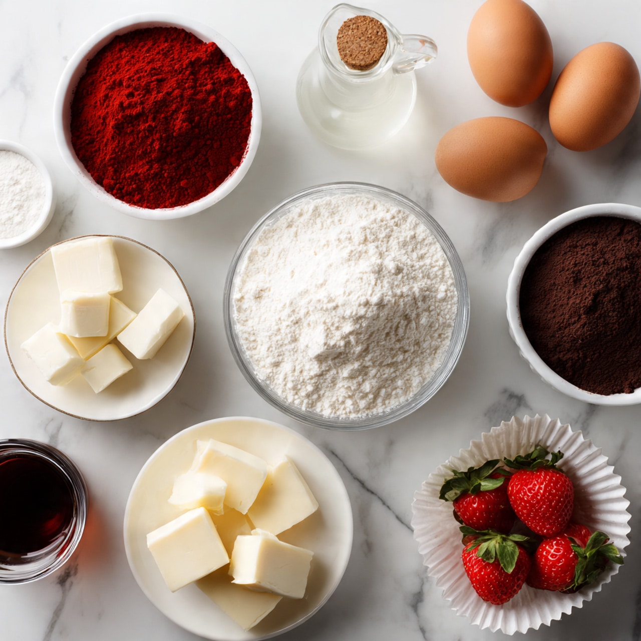 The image shows a top-down view of baking ingredients arranged neatly on a white marbled surface. In the center, there is a clear glass bowl filled with white flour. Around it, there is a white bowl with bright red powder, a white paper cup holding dark brown cocoa powder, and another white paper cup with white powdered sugar. Close by, two brown eggs rest directly on the surface. There are two small clear glass pitchers, one containing a white liquid and the other a slightly off-white liquid. Nearby, two cubes of pale yellow butter sit on a white plate. A small glass container holds a dark liquid with a cork stopper. On the lower right, three bright red strawberries with green leaves are placed inside a white paper cup. Photo taken with an iphone --ar 4:5 --v 7