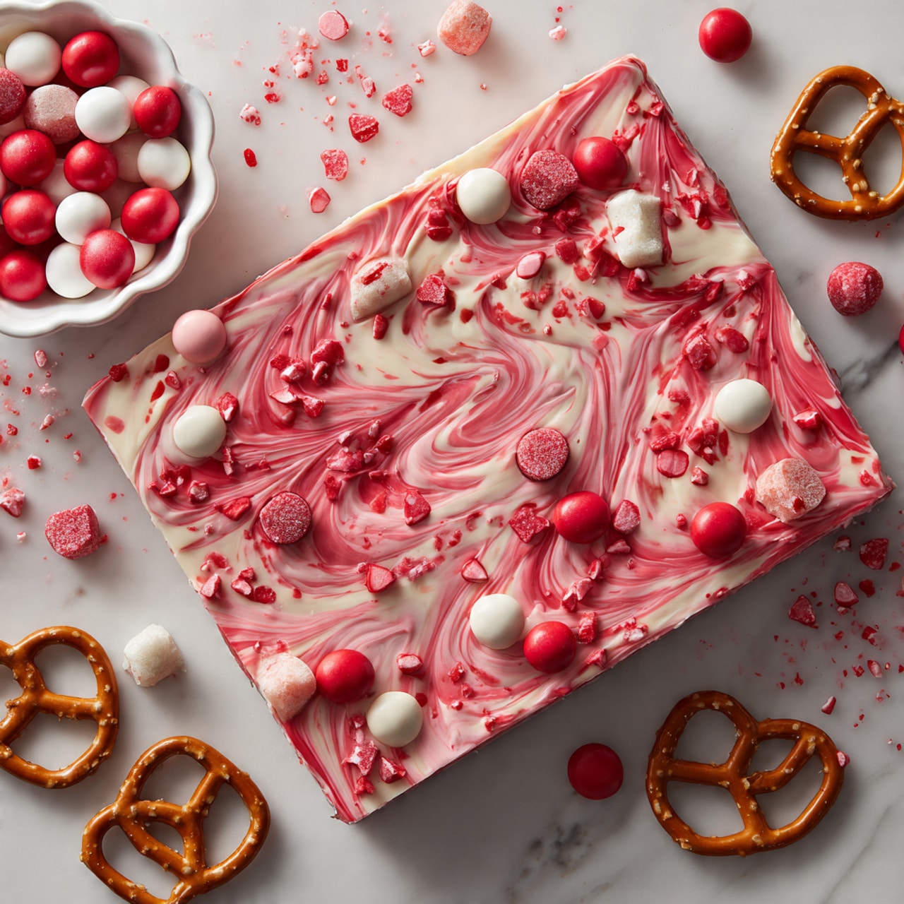 Valentine’s Colorful Chocolate Bark with Pretzels and M&Ms Recipe - Recipe Image