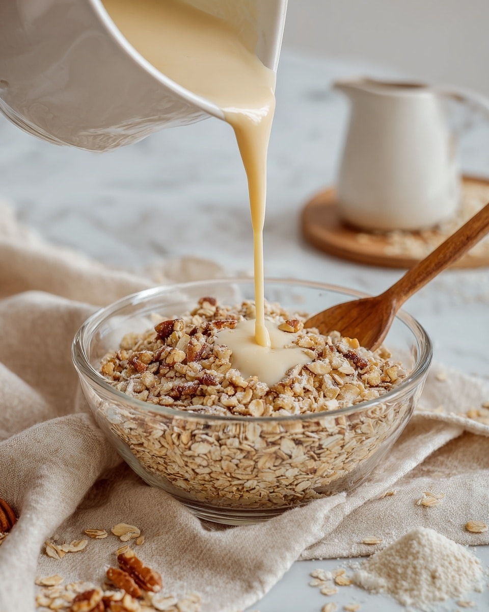 A square black baking pan filled with a beige oatmeal mixture topped with scattered dark brown chocolate chips and small pieces of light brown chopped nuts. The pan rests on a white marbled surface with some oats and nuts spread around. To the top right, there is a white jug and a small white wooden bowl containing white flakes. A beige textured cloth is placed to the left side of the pan. The photo taken with an iphone --ar 4:5 --v 7