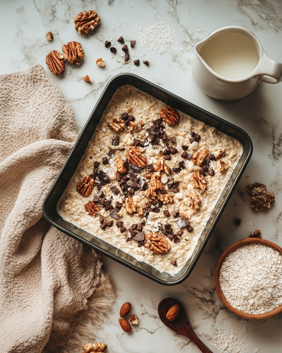 A clear glass bowl filled with a layer of light brown rolled oats mixed with small chopped nuts sits on a soft beige cloth on a white marbled surface. A wooden spoon rests inside the bowl among the oats. Above the bowl, a white bowl is tilted, pouring a creamy beige liquid over the oats. In the blurred background, there is a white and beige small jug and a small. wooden plate with white powder on the white marbled surface. photo taken with an iphone --ar 4:5 --v 7