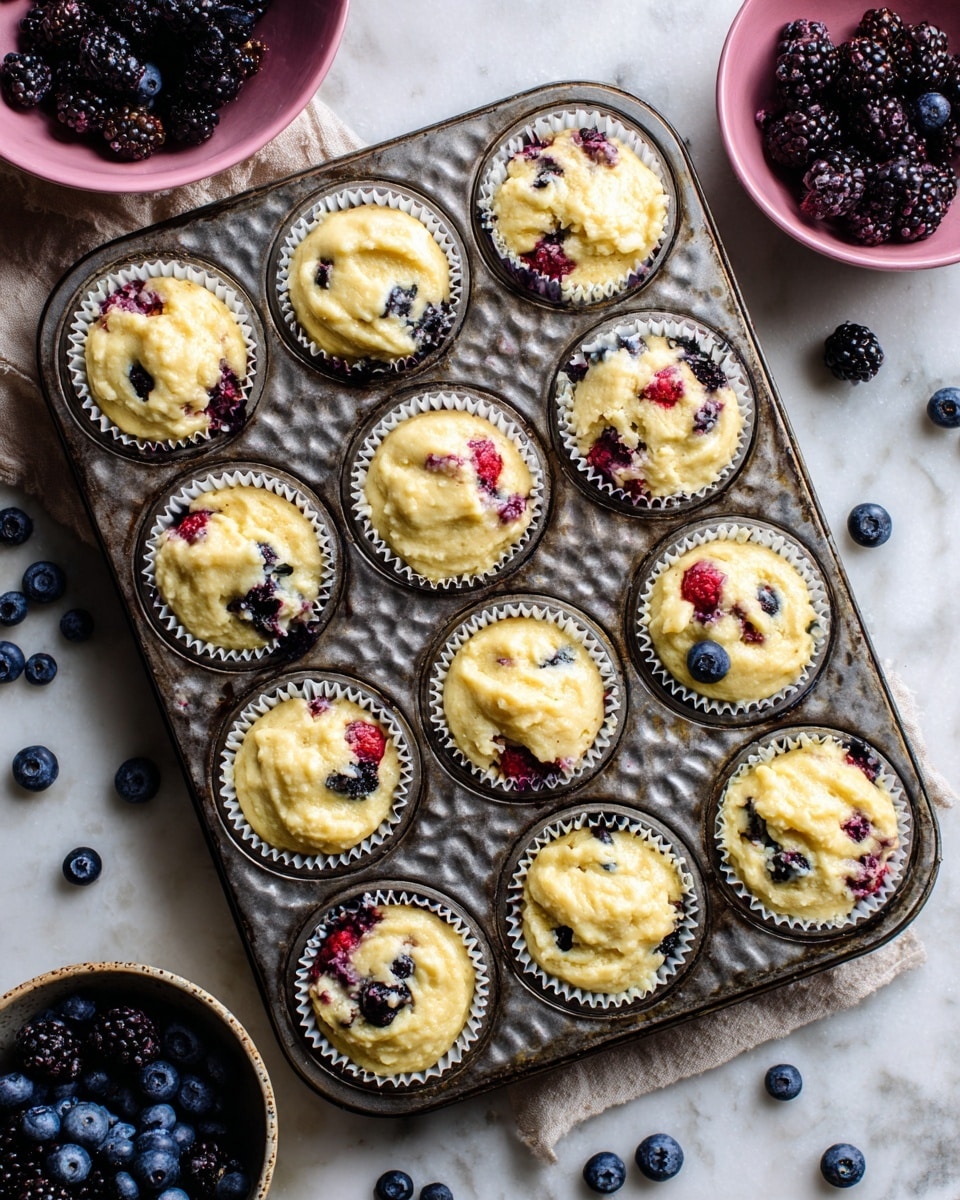 A metal muffin tray holds twelve white paper liners filled with yellowish muffin batter. The batter is thick and creamy with visible pieces of red and dark blue berries mixed in and poking out from each muffin cup. The tray rests on a white marbled surface, and in the background, parts of a pink bowl and a bowl filled with blackberries and blueberries are visible. Each muffin cup is filled nearly to the top with an uneven, textured surface of batter. Photo taken with an iphone --ar 4:5 --v 7