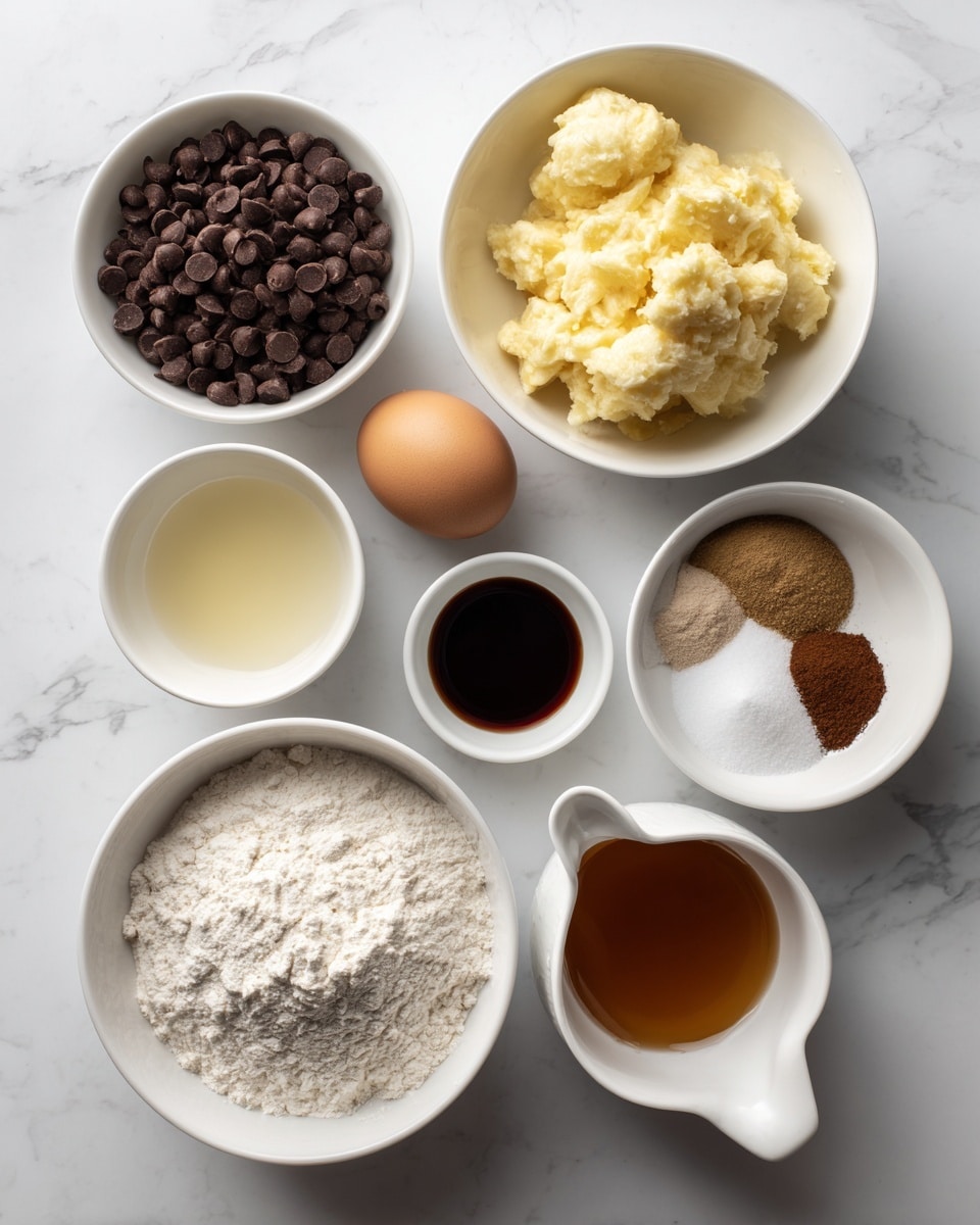 The image shows several white bowls and a measuring cup arranged on a white marbled surface, each holding a different baking ingredient. In the top left, a white bowl holds dark brown chocolate chips, looking smooth and small. Below it, a larger white bowl contains mashed banana, yellowish with soft, chunky texture. Next to the banana, there is a small white bowl with a whole, light brown egg that is smooth and oval. Beside the egg is a tiny white bowl with clear oil, shiny and liquid. Below that, a small white bowl holds vanilla extract, dark brown and liquid. In the bottom right, a white measuring cup has light amber maple syrup, glossy and thick. Lastly, a bigger white bowl at the bottom center contains white flour with several powdered spices on top in small piles—off-white protein powder, light brown nutmeg, darker brown cinnamon, plus white baking powder and baking soda, white cornstarch, and a little salt, all with smooth powdery textures. photo taken with an iphone --ar 4:5 --v 7