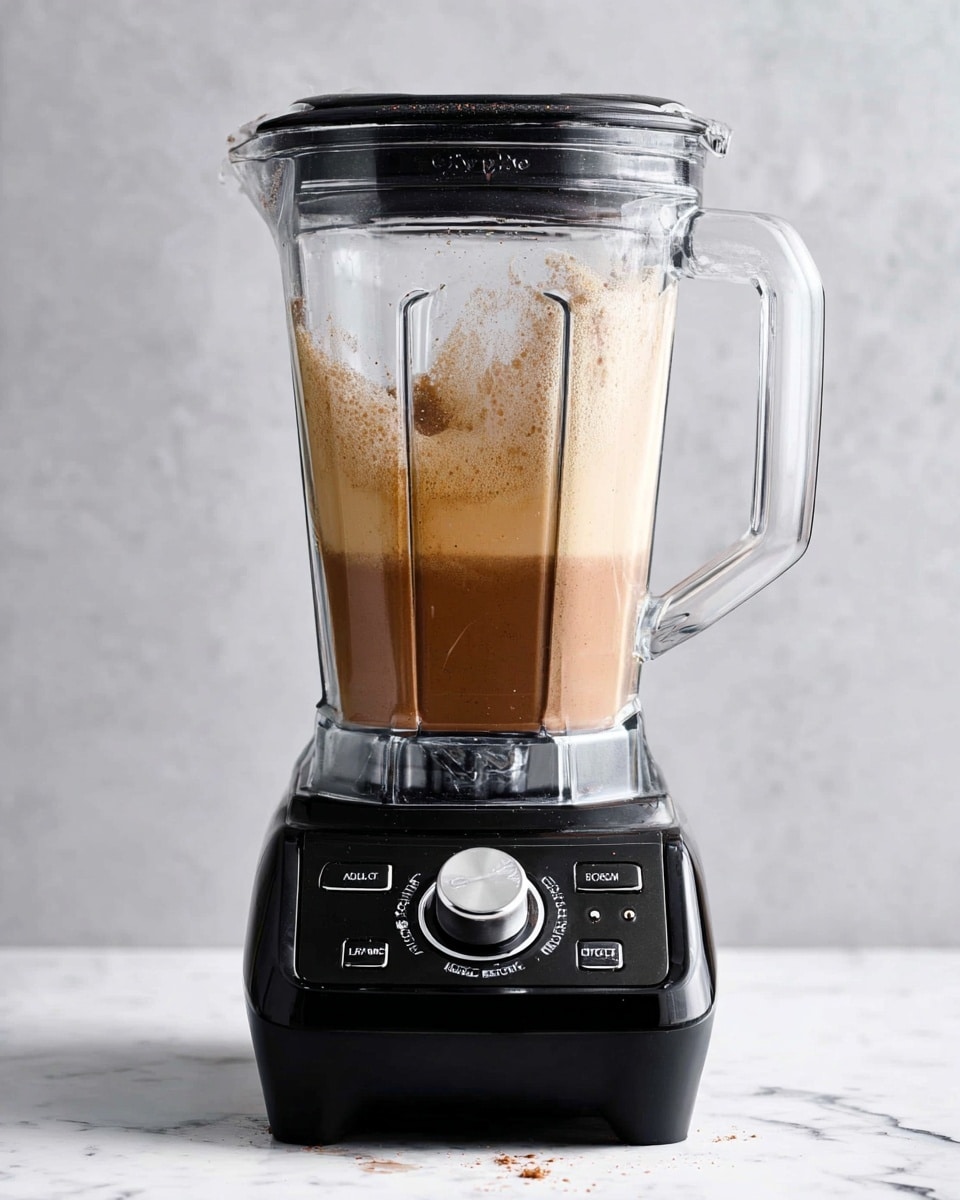 A clear blender jar filled with a creamy light brown liquid with a slightly darker brown layer swirling in the middle, showing a mix of smooth and frothy textures. The blender has a black base with buttons and a round dial, sitting on a white marbled surface with a light grey marbled wall background. The jar's lid is clear with a black seal, and the handle is clear as well. Drops of the liquid splatter inside the jar near the top edges. photo taken with an iphone --ar 4:5 --v 7