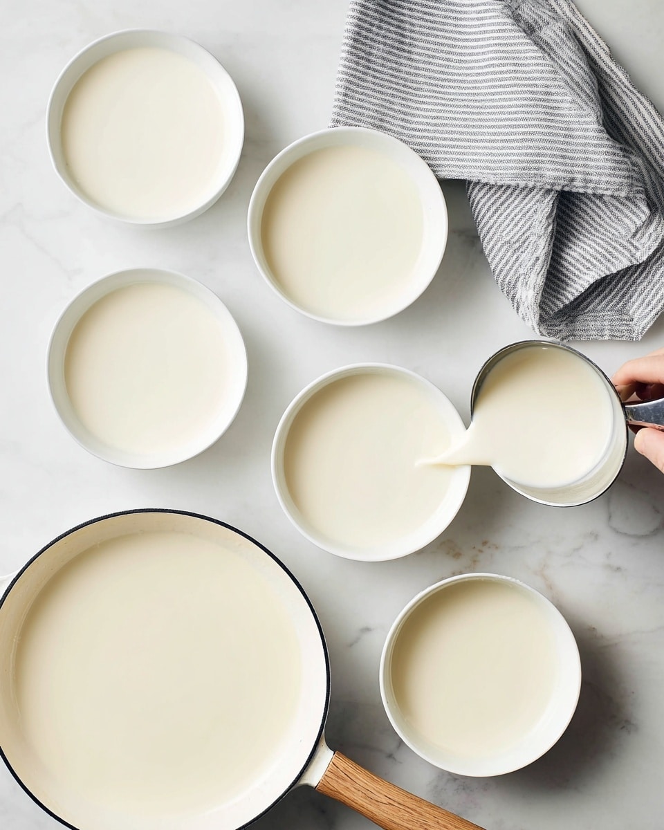 Two round white panna cotta desserts sit on separate white plates on a white marbled surface. Each panna cotta has a smooth, glossy, off-white dome shape topped with several bright red, thinly sliced strawberries arranged around and on top. Light pink strawberry syrup is lightly drizzled around and over each panna cotta, creating small pools on the plates. A silver spoon rests on the top plate near the panna cotta, and another silver spoon is placed on the bottom plate. To the right, a small white plate holds extra sliced strawberries soaked in syrup with a silver spoon. A white and black striped cloth is partially visible in the top left corner. photo taken with an iphone --ar 4:5 --v 7