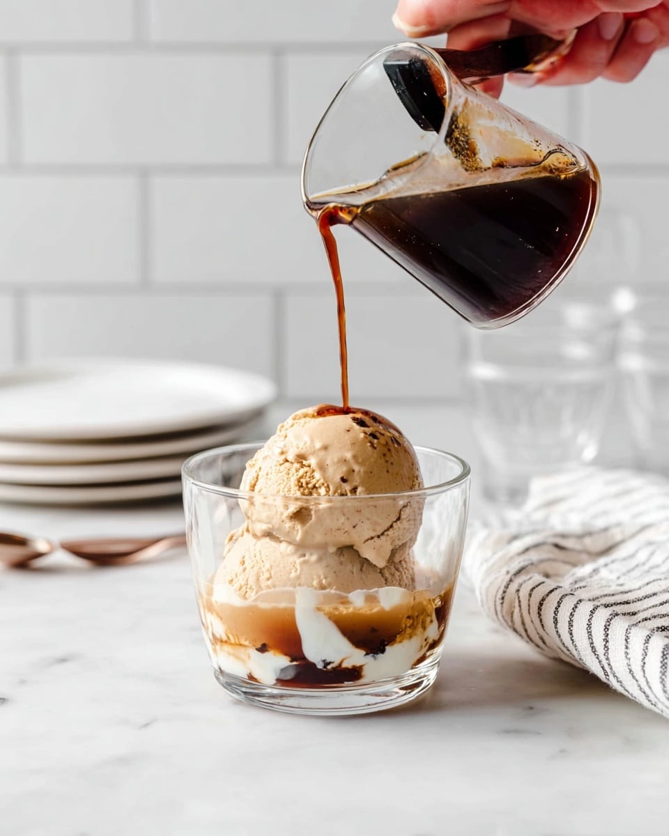 A clear glass cup with one large round scoop of light beige ice cream speckled with small dark bits sits in the center. Dark brown coffee is being poured from a small clear glass jug with black wooden handle, flowing over the ice cream and pooling at the bottom, mixing with melting white cream. A woman's hand holds the glass jug with coffee at an angle over the ice cream. The scene is set on a white marbled surface with a soft white and black striped cloth on the right, and blurred white plates and glassware in the background against a white tiled wall. Photo taken with an iphone --ar 4:5 --v 7
