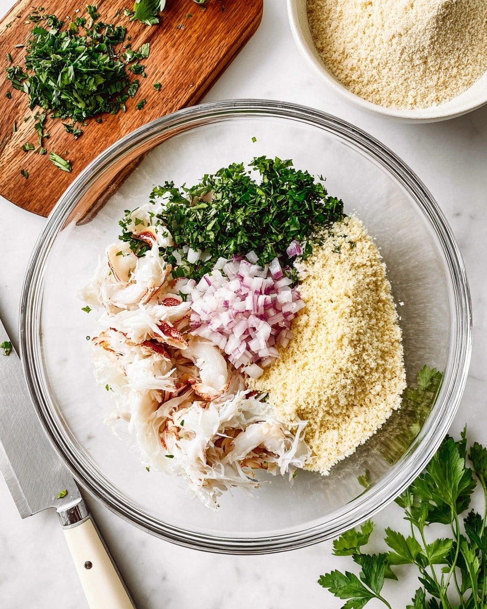 The image shows a white oval plate with four golden-brown crab cakes, each with a rough, crunchy texture and flecks of green herbs visible on top. The crab cakes are arranged mostly in the center and bottom right of the plate. Around the crab cakes are bright yellow lemon wedges placed on the left, top, and bottom right edges of the plate. In the top middle of the plate, there is a small white bowl filled with a creamy white sauce that has bits of herbs and spices mixed in. Two silver forks rest to the right side of the bowl on the plate. Fresh green parsley sprigs are placed on the bottom left corner of the plate and scattered around as garnish. The plate sits on a white marbled surface, and the overall look is light, fresh, and appetizing with natural colors. photo taken with an iphone --ar 4:5 --v 7