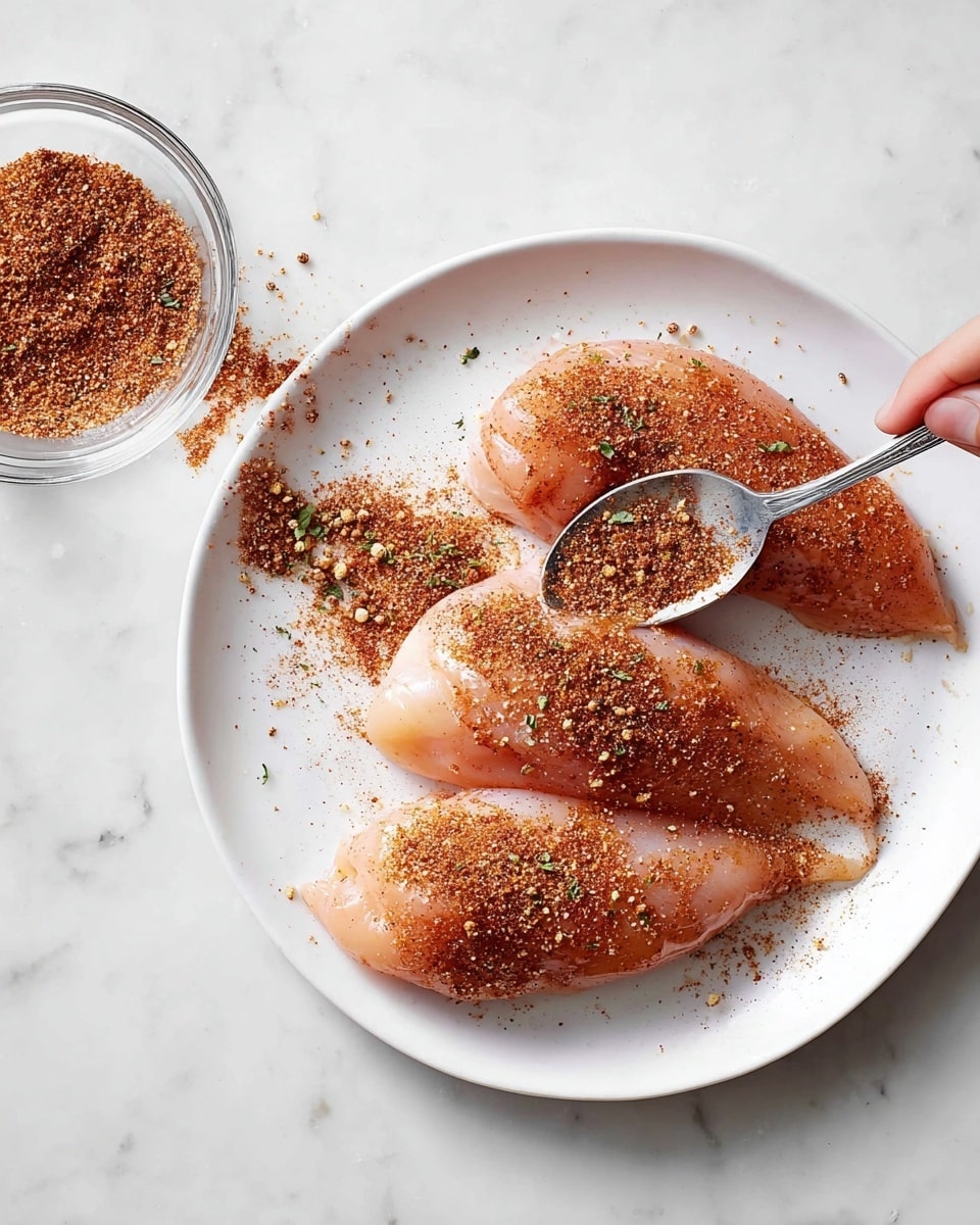 The image shows three raw chicken pieces laid flat on a white round plate on top of a white marbled surface. Each chicken piece is sprinkled with a coarse, reddish-brown spice rub with visible bits of herbs and pepper. A silver spoon held by a woman's hand is pressing some of the spice rub onto the chicken piece on the right. Above the plate, a clear glass bowl contains more of the same reddish spice mix, with some spilled beside it on the marbled surface. The overall scene has a clean, fresh look with a focus on seasoning the chicken. photo taken with an iphone --ar 4:5 --v 7