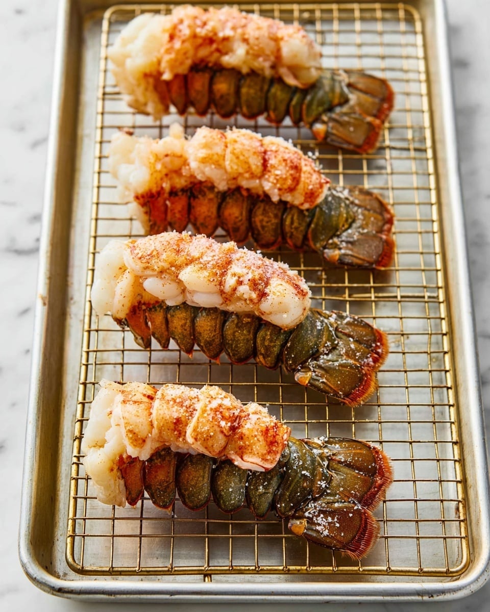 The image shows four lobster tails placed in a row on a metal rack over a white marbled surface. Each lobster tail has two distinct layers: the bottom layer is the dark greenish-brown shell with rough texture and the top layer is the raw lobster meat with a pale pink color sprinkled with reddish seasoning and a light coating of white granules. The lobster meat is plump and covers most of the shell. The metal rack is gold-colored with a grid pattern, and it rests on a silver baking tray. photo taken with an iphone --ar 4:5 --v 7
