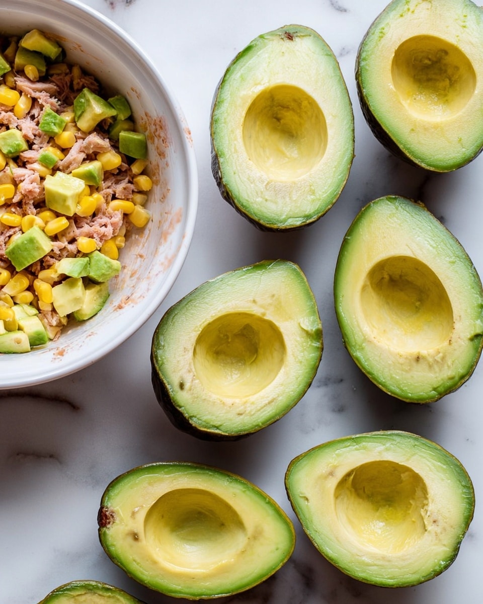 The image shows six avocado halves with bright green, smooth inner flesh and dark green skin arranged on a white marbled surface. On the left side, a white bowl contains a mix of shredded light brown tuna, yellow corn kernels, and small diced avocado pieces layered on top. The avocados' textures look creamy and fresh, with some halves having the seed still inside, and the bowl has visible food stains on the inside rim, adding to the natural look of the scene. photo taken with an iphone --ar 4:5 --v 7