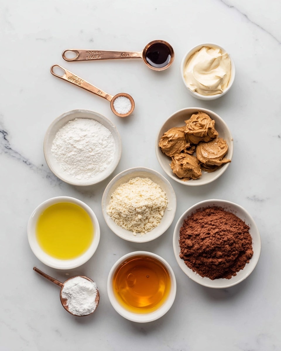 The image shows eight small white bowls and two bronze measuring spoons arranged on a white marbled surface. The top left has two bronze measuring spoons, one with white powder and the other with a dark liquid. To the right are four white bowls: the top one with a light cream liquid, the next with brown peanut butter scoops, followed by a bowl with a mound of dark brown cocoa powder, and below that, a bowl filled with light beige almond flour. Underneath the spoons is a bowl with yellow oil, and next to it, a bowl with amber honey. There is also a small bowl with white powder near the spoons. The bowls and spoons are spread out evenly with clear spacing between them. photo taken with an iphone --ar 4:5 --v 7