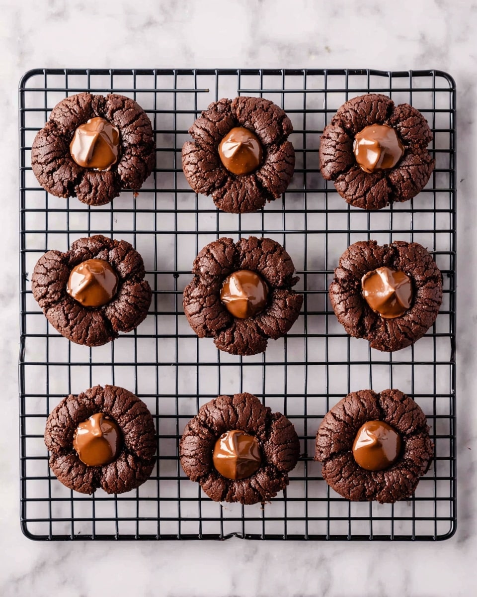 There are eight dark brown cookies on a black cooling rack, which is placed on a white marbled surface. Each cookie has a cracked texture with a shiny, smooth dollop of milk chocolate in the center, giving a flower-like appearance. The cookies are arranged in two uneven rows, with four in the top row and four in the bottom row. The contrast between the dark chocolate cookie and the lighter chocolate center stands out clearly. The photo taken with an iphone --ar 4:5 --v 7