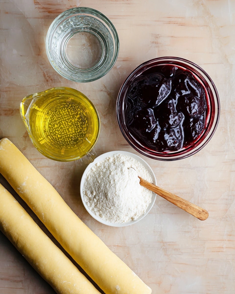 The image shows two rolled dough sheets placed side by side on a white marbled surface. Above the dough, there is a glass bowl filled with dark red, shiny jam that looks thick and glossy. Next to the jam bowl, there is a small white bowl filled with fine white powdered sugar, with a small wooden fork resting partially submerged in the sugar. To the left of the dough, there is a clear glass measuring cup filled with a yellow liquid, likely oil, showing intricate patterns on the bottom. Above the measuring cup and jam, there are two small clear glass containers filled with water. The entire setup is viewed from above with warm light, highlighting the smooth and textured surfaces of each element. photo taken with an iphone --ar 4:5 --v 7