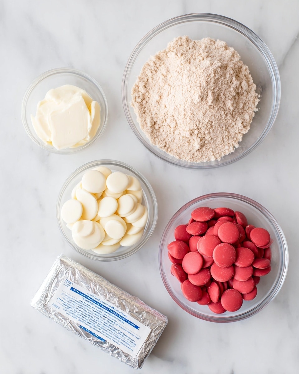 The image shows a top view of five clear glass bowls and one wrapped block of butter, all placed on a white marbled surface. The largest bowl is filled with light brown powder, slightly coarse in texture. To its right is a small bowl holding a white creamy substance. Below that is a medium bowl full of smooth white chocolate discs, round and shiny. To the left of the white chocolate bowl is a smaller bowl with bright red chocolate discs, similar in shape and smoothness. Below these bowls is a rectangular silver foil-wrapped block with blue text printed on it, likely butter. The arrangement of the items is neat and evenly spaced. Photo taken with an iphone --ar 4:5 --v 7