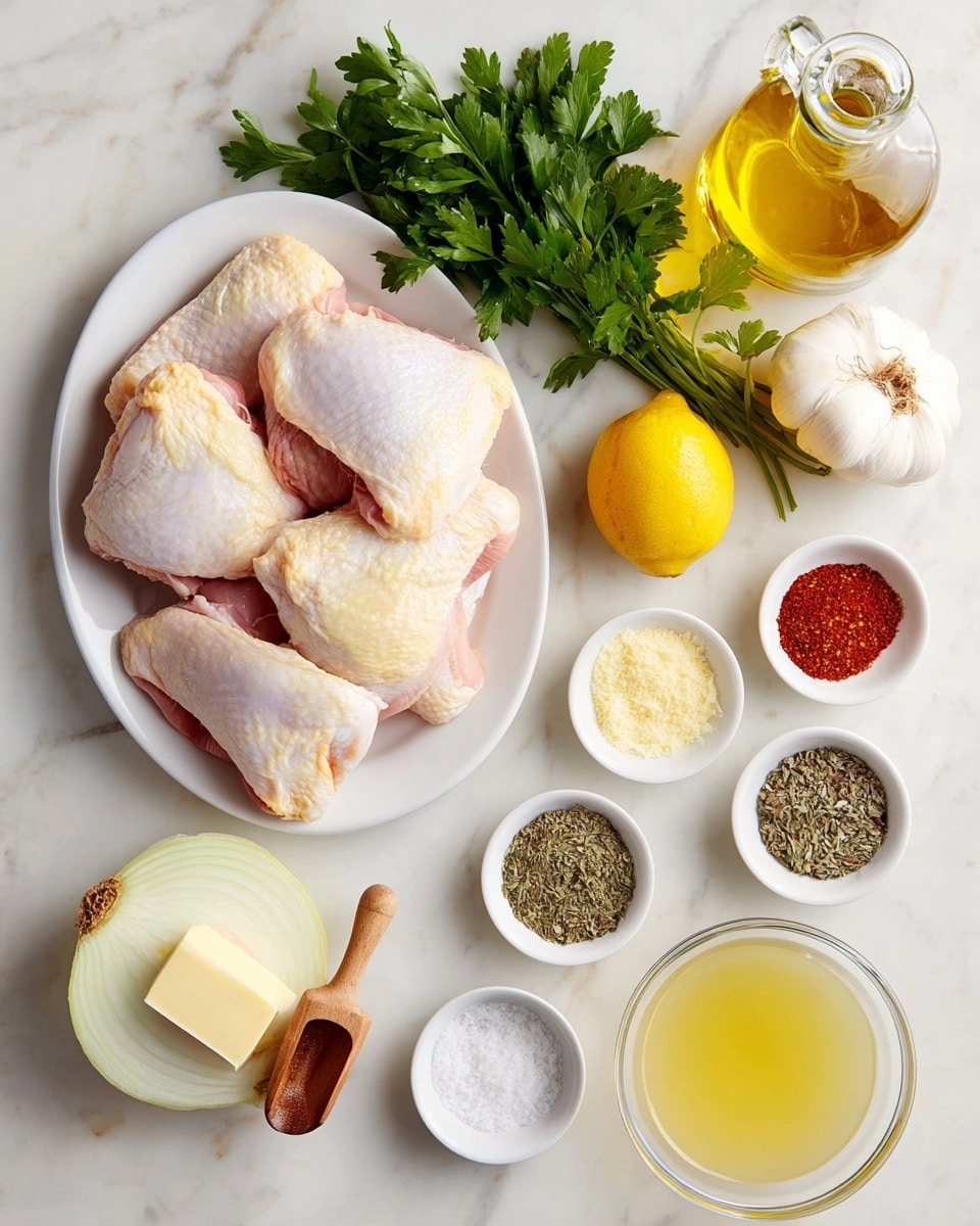 A white oval plate holds seven pieces of raw chicken with pale pink skin and slight yellowish fat, placed in the upper left area on a white marbled surface. To the right at the top is a clear glass bottle filled with golden olive oil beside a bunch of bright green parsley leaves. Below the parsley, a halved onion with pale cream and yellow layers faces up. Two whole garlic bulbs with white papery skin sit nearby. A halved yellow lemon is placed cut side up next to two small white bowls with wooden scoops—one contains salt, the other black pepper. Surrounding these ingredients are five small white dishes: one holds a rectangular slice of pale yellow butter, one has shredded pale beige garlic powder, one contains dark green dried herbs, one red paprika powder, and another shows orange-red chili flakes. At bottom right is a clear glass bowl with a light yellow broth. All items are neatly arranged, and the overall scene is bright and clean. Photo taken with an iphone --ar 4:5 --v 7