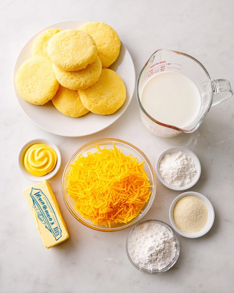The image shows a collection of ingredients placed on a white marbled surface. At the center top, there is a white plate stacked with nine round, soft yellow biscuit pieces. To the right of the plate, a clear Pyrex measuring cup filled with white milk stands prominently. Below it, a clear glass bowl holds a generous amount of shredded bright yellow cheddar cheese. On the left bottom side, a stick of unsalted butter in a light yellow wrapper lies diagonally. Surrounding it are four small white dishes: one contains a swirl of yellow mustard, another is filled with coarse white salt, a third holds a heap of powdered white flour, and the last contains a small pile of light beige baking powder. The overall arrangement is neat and bright with a clean, simple look photo taken with an iphone --ar 4:5 --v 7