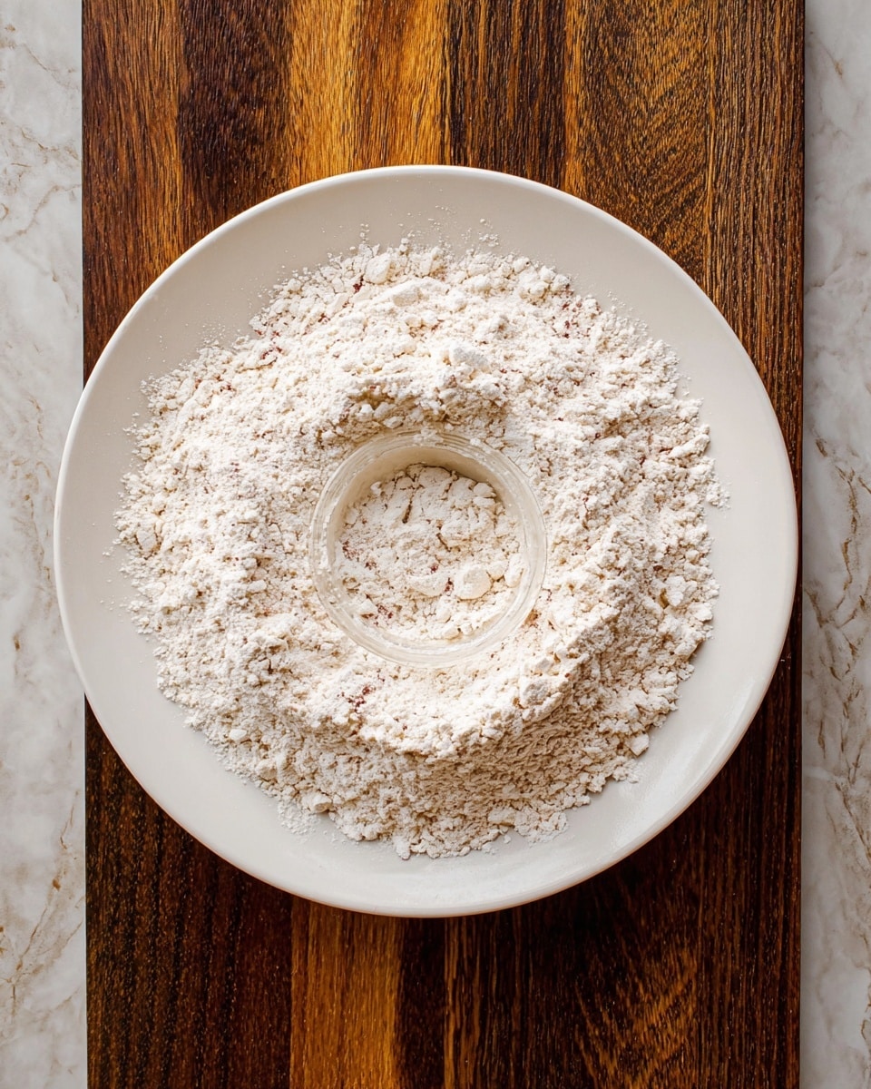 A white plate filled with light beige flour mixed with small lumps and specks, creating a rough texture, sits on a wooden surface with a dark brown pattern. In the center of the flour, there is a white onion ring partially buried, its smooth and glossy surface contrasting with the powdery flour around it. The flour is spread unevenly, showing some clumps and fine dust. photo taken with an iphone --ar 4:5 --v 7