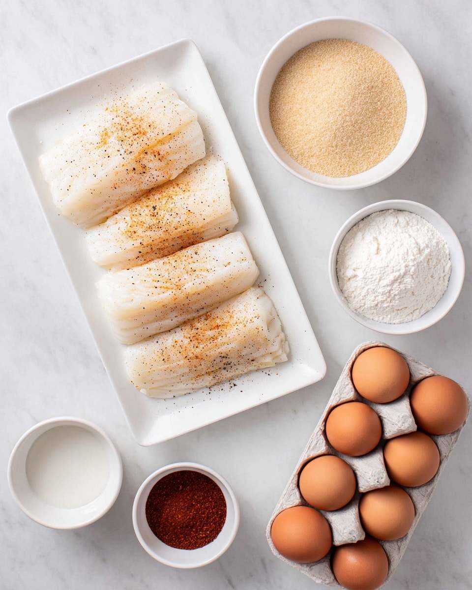 The image shows a white rectangular plate with four pieces of white fish fillets, lightly seasoned with black pepper and having a slightly golden surface, placed on a white marbled texture surface. Around the plate, there are five small white bowls arranged with different ingredients: a bowl filled with light brown breadcrumbs at the top right, a bowl with white flour below it, a small bowl with white liquid, and another bowl filled with reddish-brown spice at the bottom left. On the right side at the bottom, there is a white rectangular egg tray holding six brown eggs. photo taken with an iphone --ar 4:5 --v 7