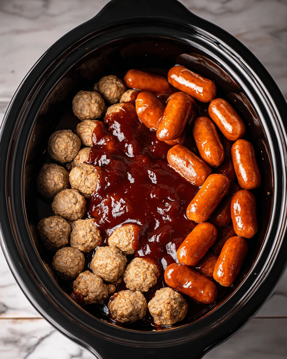 Inside a black slow cooker, there is one layer of light brown meatballs piled towards the back and top left side, with a smooth, thick, dark red barbecue sauce poured over the middle layer. On the bottom right and front side, a glossy layer of small, orange-brown cocktail sausages covered in the sauce forms the base. The slow cooker sits on a white marbled surface photo taken with an iphone --ar 4:5 --v 7