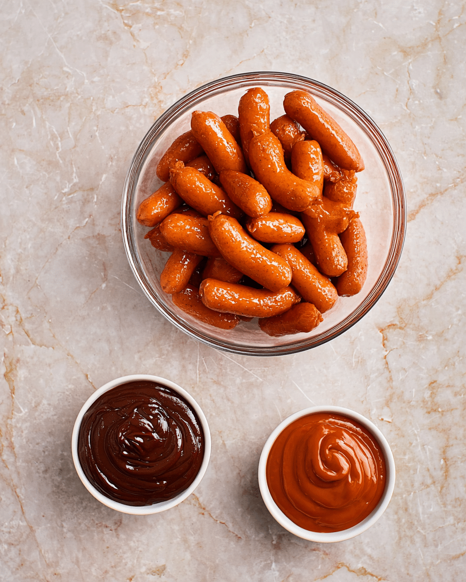 A clear glass bowl filled with shiny, orange-brown small sausages is placed on a white marbled surface. Above and below the bowl are two small white cups, one holding thick, dark brown sauce with a smooth swirl texture, and the other filled with a brighter reddish-brown sauce, also swirled neatly on the top. The bowls and cups are spaced evenly, showing a simple and clean arrangement photo taken with an iphone --ar 4:5 --v 7