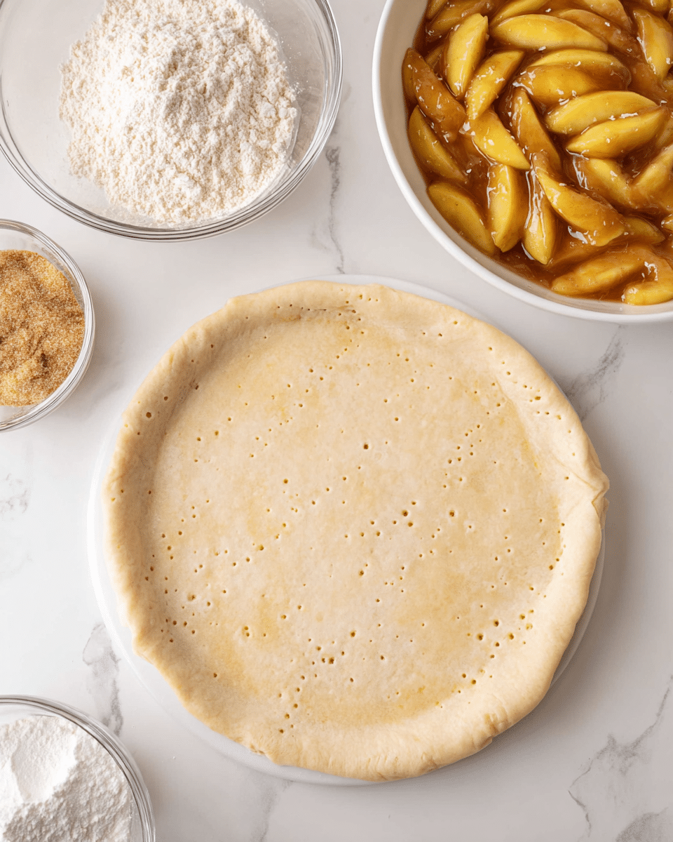 The image shows a single round pie crust placed on a white marbled surface, with small fork holes across its surface and light golden brown spots. Above the crust is a white bowl filled with yellowish apple slices covered in a shiny caramel-like sauce. Around the crust and bowl, parts of other glass and white bowls are partially visible, containing light brown flour mix and white powdered sugar. The overall scene suggests preparation for making an apple pie photo taken with an iphone --ar 4:5 --v 7