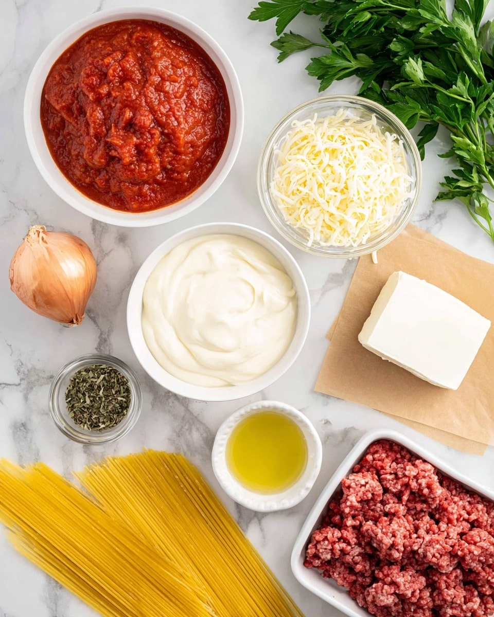 The image shows a white bowl filled with bright red chunky tomato sauce positioned at the top left. Below it on a white marbled surface are a whole garlic bulb and a light brown onion. Centrally placed is a white bowl of smooth, creamy white sauce. To the right of this bowl are fresh green parsley leaves at the top, a small clear glass bowl of shredded pale yellow cheese in the middle, and a rectangular block of white cream cheese on brown parchment paper near the bottom. Below the cream cheese is a small white bowl filled with light yellow olive oil. To the left at the bottom is raw ground meat laid out on brown parchment paper inside a white dish. On the far right, partially visible, are uncooked yellow spaghetti strands neatly laid out. A small white bowl with a mix of green and brown herbs is placed in the center near the other ingredients. The background is a white marbled textured surface photo taken with an iphone --ar 4:5 --v 7