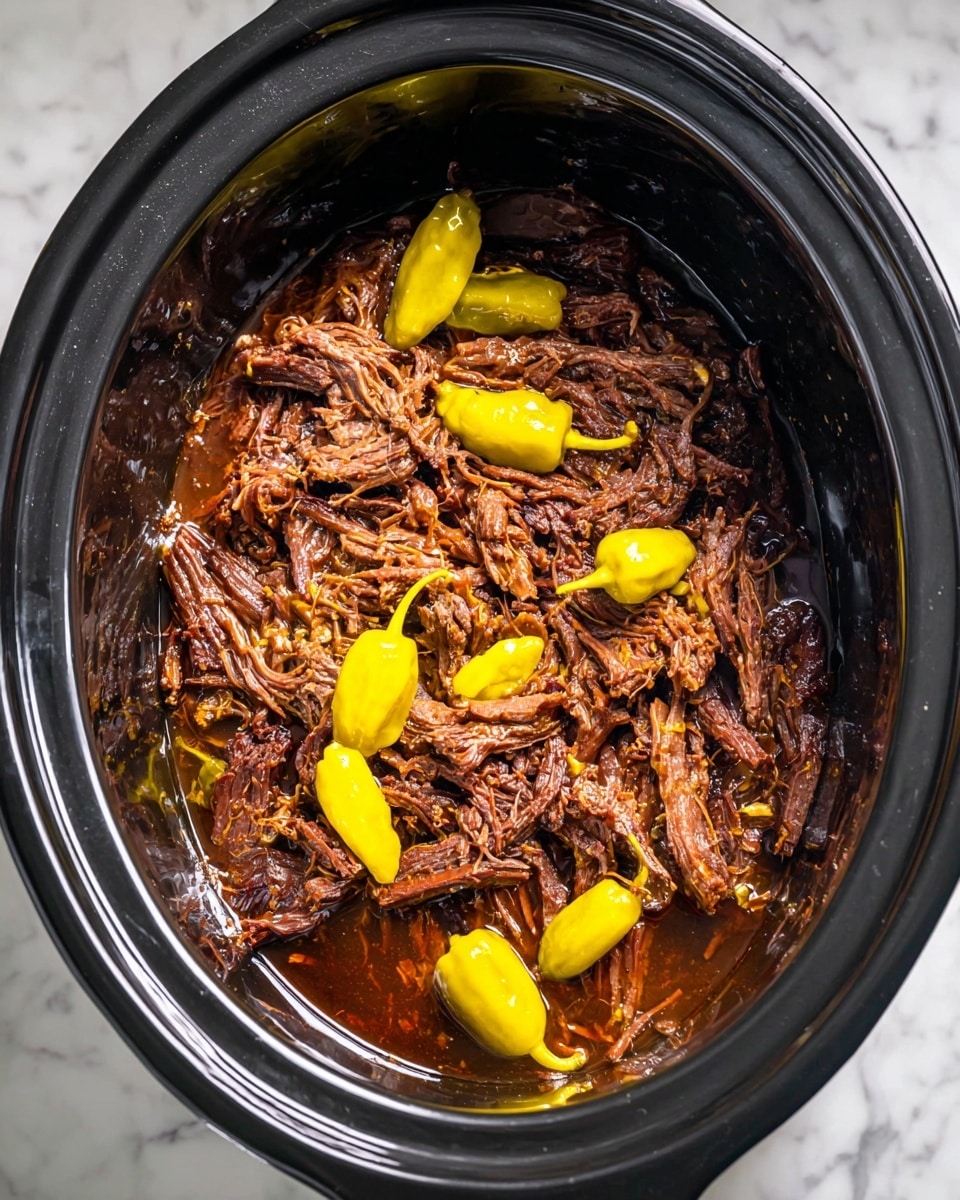 Inside a black slow cooker, there is one layer of dark brown shredded meat with some juicy sauce mixed throughout. On top of the meat are several bright yellow pepperoncini peppers scattered evenly, adding a pop of color. The slow cooker sits on a white marbled surface, making the colors of the food stand out clearly. photo taken with an iphone --ar 4:5 --v 7