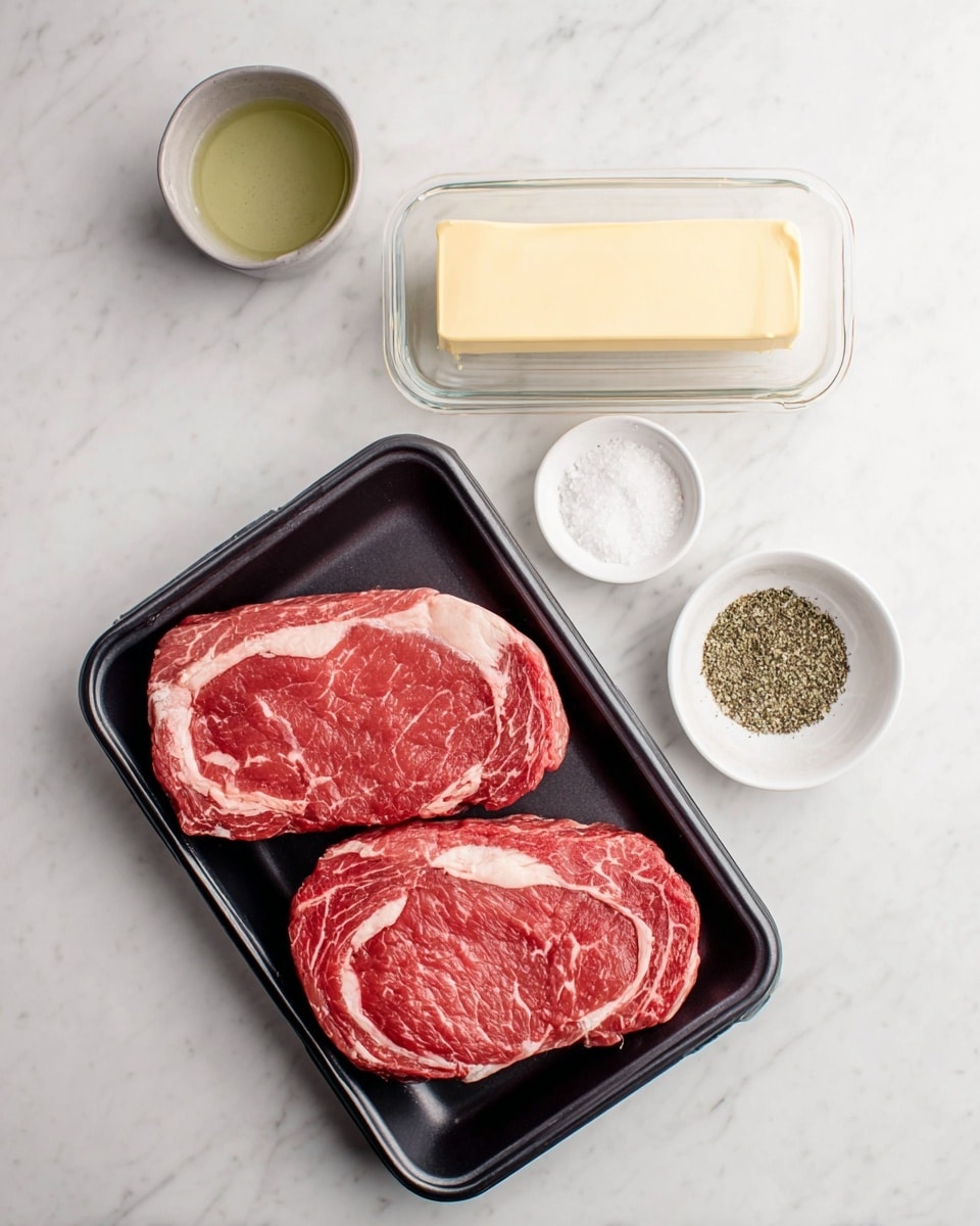 Two thick raw red steaks with white marbling lie side by side in a black plastic tray at the bottom center of the image. Above the tray, there is a clear glass dish holding a pale yellow rectangular stick of butter. To the top left of the butter, a small gray bowl contains a light green liquid. To the right of the bowl and butter, a small white round dish is divided into two sections, one filled with white coarse salt and the other with black pepper. All items are placed on a white marbled surface. Photo taken with an iphone --ar 4:5 --v 7