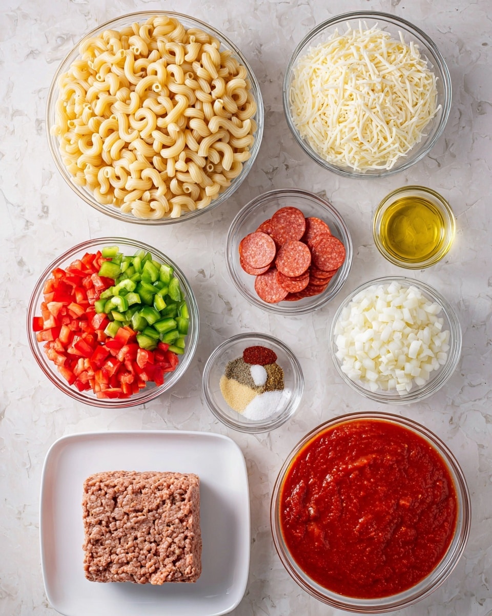 A white marbled surface with a layout of clear glass bowls and white plates containing cooking ingredients arranged neatly. In the center is a large clear glass bowl filled with uncooked elbow macaroni pasta, pale yellow in color and curved in shape. To the right and slightly above are two smaller clear bowls, one filled with shredded white mozzarella cheese and the other with shredded white cheddar cheese, both soft and light textures. Below them, a small clear bowl holds round red pepperoni slices stacked neatly. Another clear bowl is filled with finely chopped white onions, and next to it is a larger clear bowl full of smooth red tomato sauce with a thick texture. On the left side, a clear bowl contains chopped red and green bell peppers with bright colors and cubed shapes. A white plate at the bottom left holds a square, compact block of uncooked ground meat with a slightly marbled brown and pink surface. Above the large bowl of pasta, two tiny white bowls are placed, one with golden yellow olive oil and the other with minced garlic that is pale beige and finely textured. Finally, near the pepperoni, a small white dish contains three piles of dry seasonings in red, green, and dark reddish-brown colors, finely ground and sprinkled separately. All items sit on a white marbled surface. photo taken with an iphone --ar 4:5 --v 7