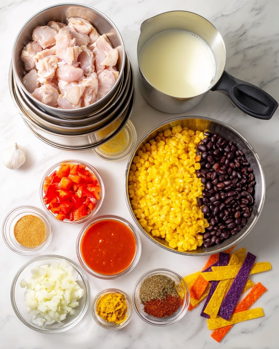 The image shows several ingredients arranged neatly on a white marbled surface. There are two stacked metal bowls on the left; the top one contains raw pale chicken pieces, while the larger metal bowl on the right is divided into sections with bright yellow corn kernels, dark black beans, light beige beans, and a soft yellow mash in the center. Around these, smaller clear and white bowls hold various items: one with shiny bright red chopped bell peppers, one with chunky red tomato sauce, one with chopped white onions, a small clear bowl with minced garlic, and a metal cup filled with white sour cream. There is a black measuring cup with a white liquid and a small clear bowl with a mix of ground spices in red, brown, and green shades. A handful of colorful tortilla strips in purple, yellow, and red lay scattered in the bottom right corner. Photo taken with an iphone --ar 4:5 --v 7