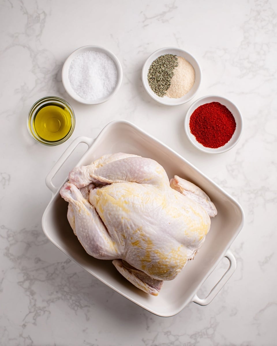 A whole raw chicken with a pale pink and light yellow skin rests in a white square dish with handles on each side, positioned at the lower right of the image. Above it, slightly to the left, are two small white round dishes each divided into two sections: the top dish contains white salt on the left and black pepper on the right; the dish beneath it has bright red paprika on the left and light beige garlic powder on the right. A small glass bowl with clear olive oil sits near the center left. All items are placed on a white marbled surface with subtle gray veining. Photo taken with an iphone --ar 4:5 --v 7