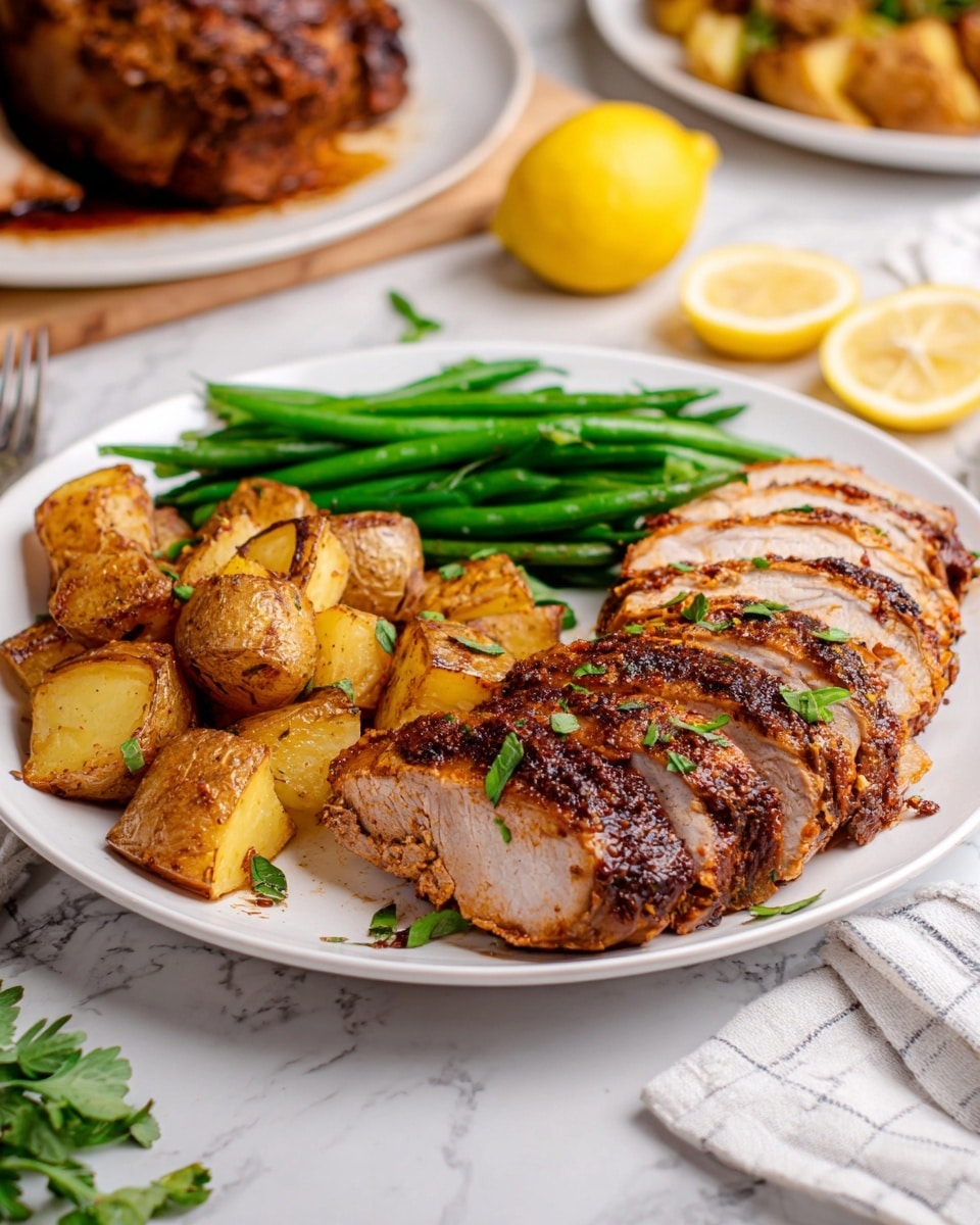 A whole roasted chicken lies flat on a wooden cutting board with crispy, dark brown skin seasoned with a rich spice rub that creates a textured crust across the entire surface. The wings and legs spread out naturally, showing a glossy, well-cooked finish with small green herb bits sprinkled on top. Around the chicken, there are bright yellow lemon wedges and fresh green parsley, adding a pop of color and freshness to the warm, earthy tones of the meat and board. The scene is on a white marbled surface. photo taken with an iphone --ar 4:5 --v 7