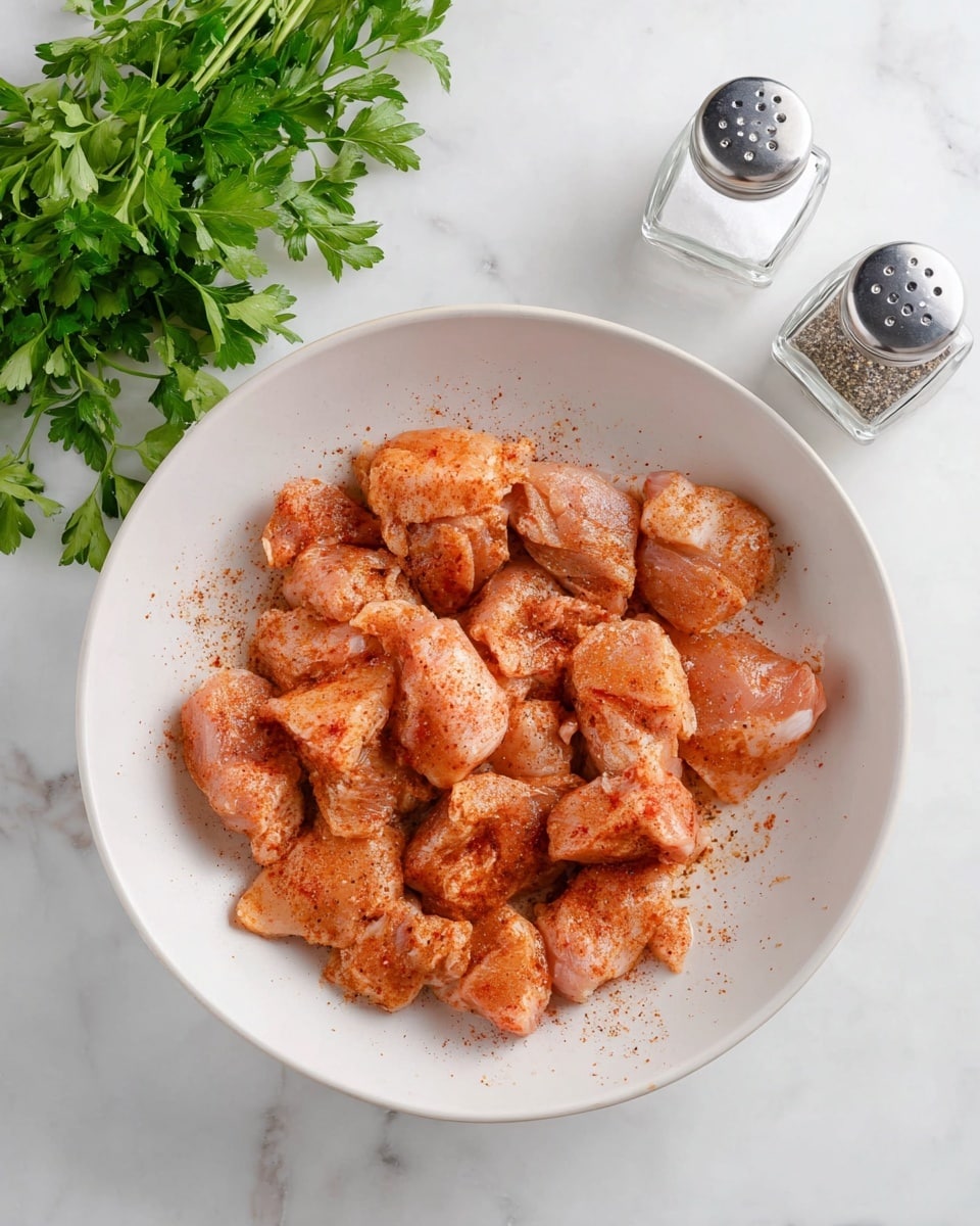 A large white bowl holds about fifteen pieces of raw chicken coated with a reddish spice mix, showing a slightly powdery texture on the chicken surfaces. The pieces vary in size and are scattered inside the bowl, sitting on a white marbled surface. To the top right of the bowl are two glass shakers, one with salt and the other with black pepper, both topped with metallic lids. Fresh green parsley leaves with stems extend from the top left corner, adding a bright contrast to the scene. Photo taken with an iphone --ar 4:5 --v 7