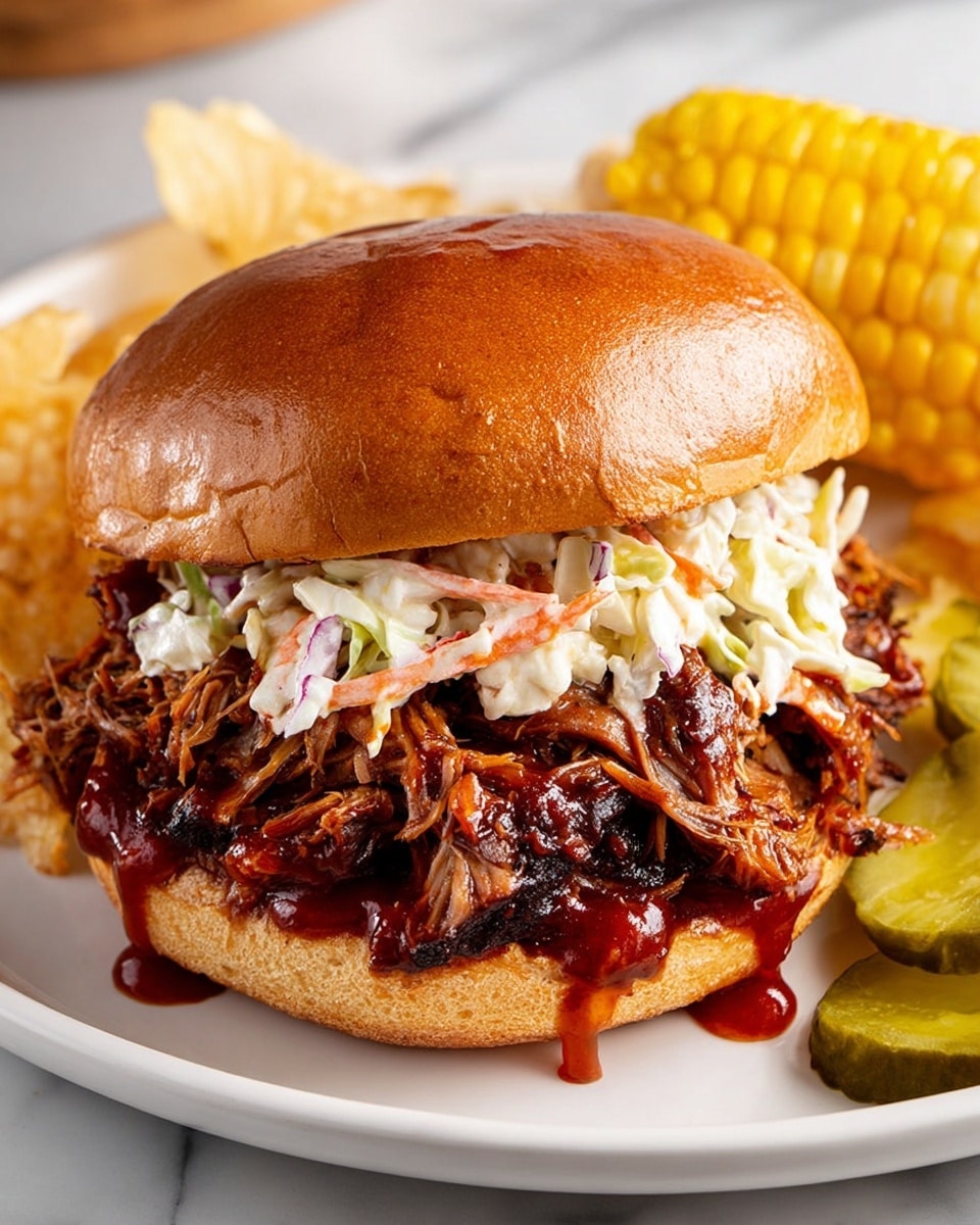A pulled meat sandwich sits on a white plate with sauce dripping down. The sandwich has three layers: a soft, shiny brown top bun; a thick layer of dark, shredded meat covered in rich red barbecue sauce; and a layer of creamy coleslaw with shredded white and orange vegetables on top of the meat. The bottom bun is light brown and soft. On the plate, beside the sandwich, there are a few green pickle slices, crispy golden chips, and a bright yellow piece of corn in the back. The plate rests on a white marbled surface. photo taken with an iphone --ar 4:5 --v 7