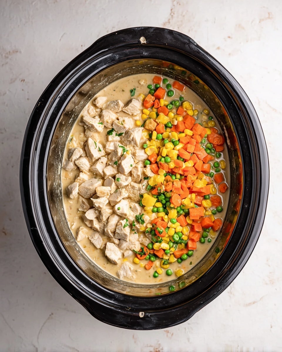 Inside a black slow cooker on a white marbled texture, there is a mixture divided into two main layers. On the left side, there are pale beige chunks of cooked chicken scattered over a creamy light brown sauce. On the right side, a colorful layer of mixed frozen vegetables includes bright orange carrot cubes, green peas and beans, and yellow corn, adding a vibrant contrast. The ingredients sit just above the sauce base, showing a mix of soft and firm textures. Photo taken with an iphone --ar 4:5 --v 7