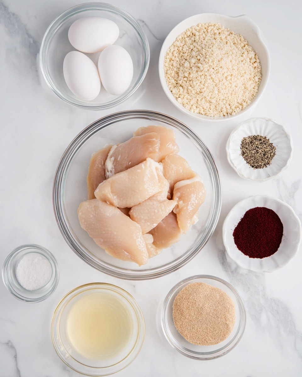 A clear glass bowl sits in the center filled with several smooth, light tan raw chicken pieces stacked unevenly. Surrounding it are smaller clear and white bowls on a white marbled surface: one bowl contains two white eggs, another is filled with pale beige breadcrumbs, a third holds a small amount of dark red powder, a fourth has a clear pale yellow liquid, and a small white bowl contains a mix of coarse black pepper and salt. Another white bowl holds two different light brown powders. The overall setup shows raw ingredients neatly arranged for a cooking process, photo taken with an iphone --ar 4:5 --v 7